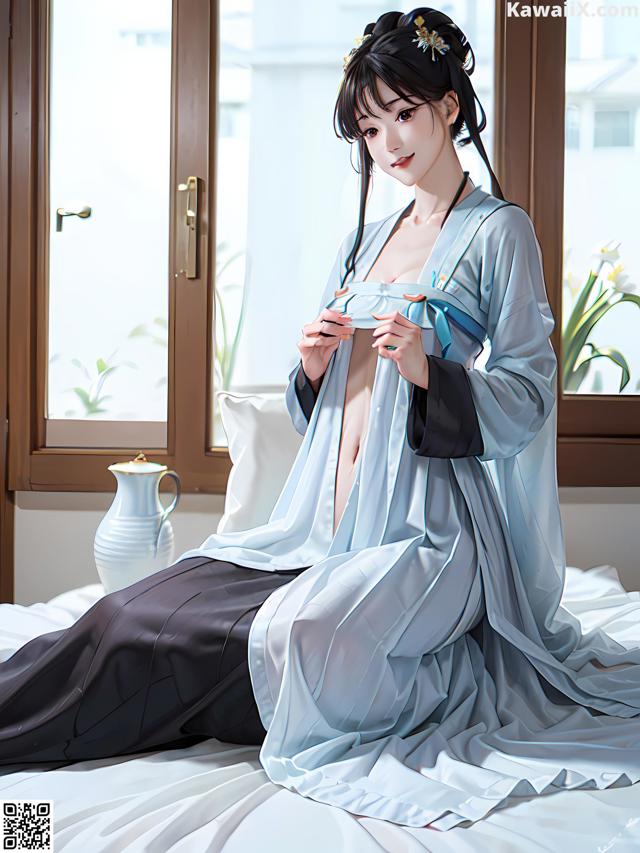 A woman in a blue kimono sitting on a bed.
