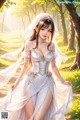 A woman in a wedding dress walking through a forest.